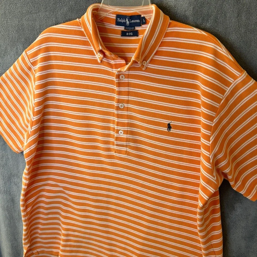 Ralph Lauren Mens Big Large Waffle Knit Polo Orange White Striped Shirt